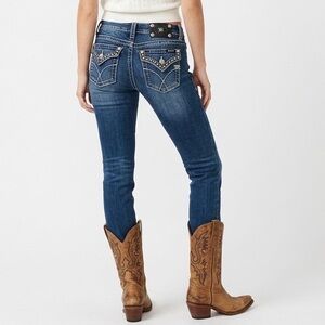 MISS ME Skinny Low Rise Jean Dark Wash Rhinestone Bling Pocket Y2K Western 28